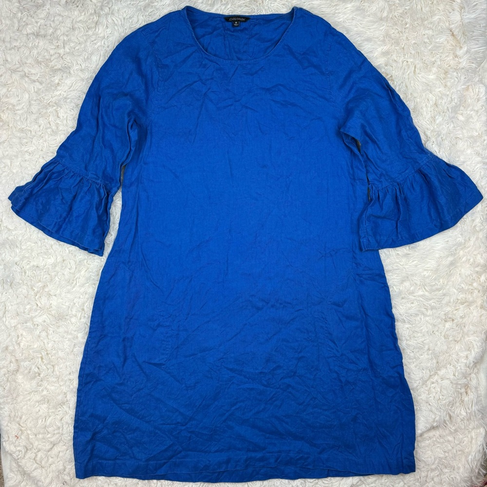 John Mark Linen Blue Dress With Bell Sleeves Size M